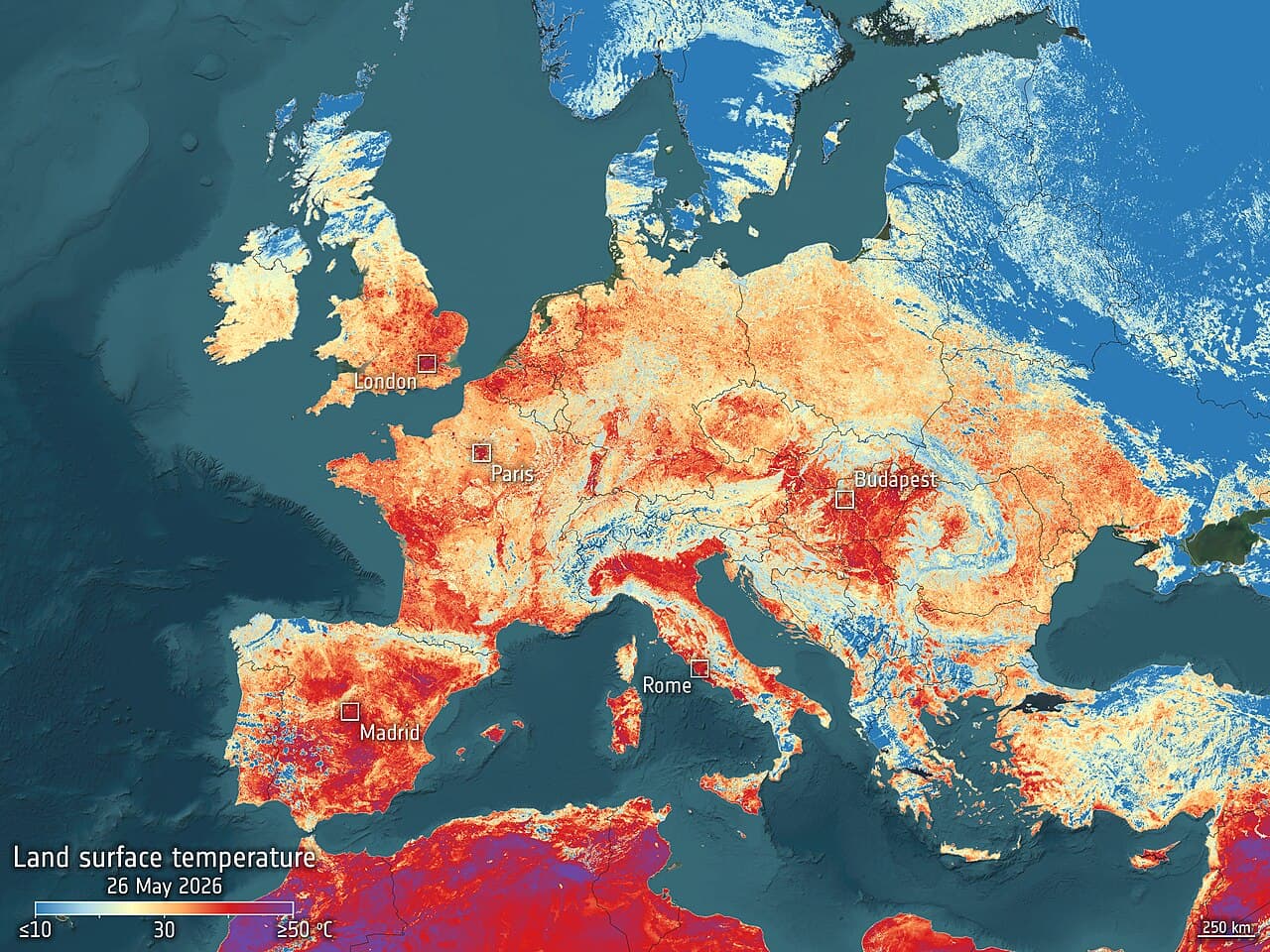 European heatwave, surface temperatures from space